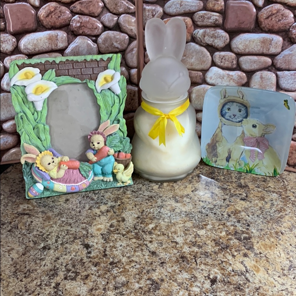 FLASH SALE Easter 3-Pc Lot Bunny Candle  & Easter picture frame& trinket dish